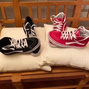 Two pairs of 8.5 size women shoes red and black.